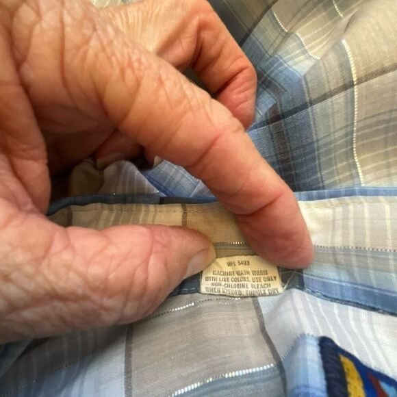 Vtg Dee Cee Rangers Men 2XL Western Pearl Snap Shirt Tan Blue Plaid Short Sleeve - Picture 8 of 9